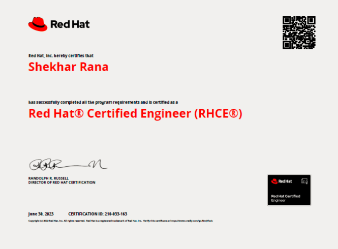 Shekhar RHCE Certificate