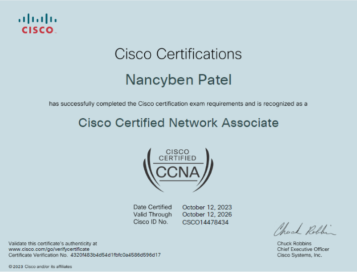 Nancy Patel CCNA Certificate