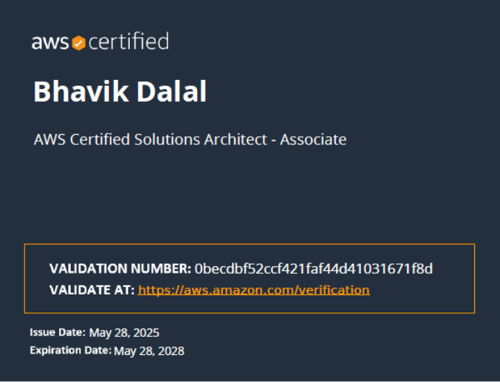 Bhavik Dalal AWS Certificate