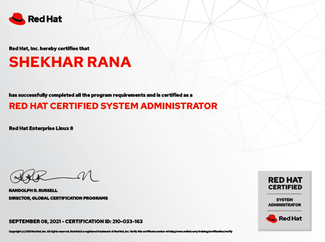 Shekhar RHCSA Certificate