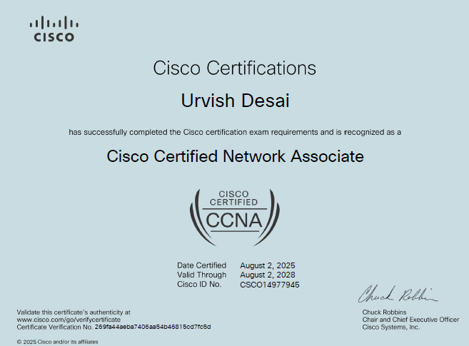 Urvish Desai CCNA Certificate