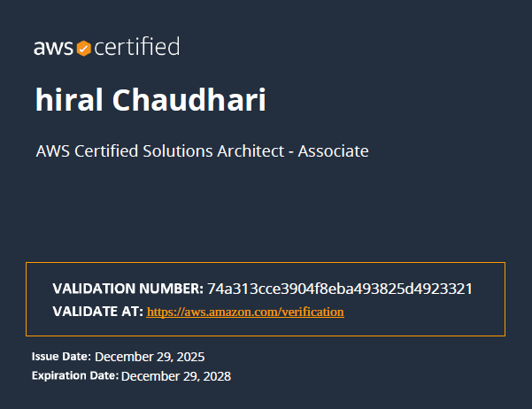 Hiral Chaudhari AWS Certificate